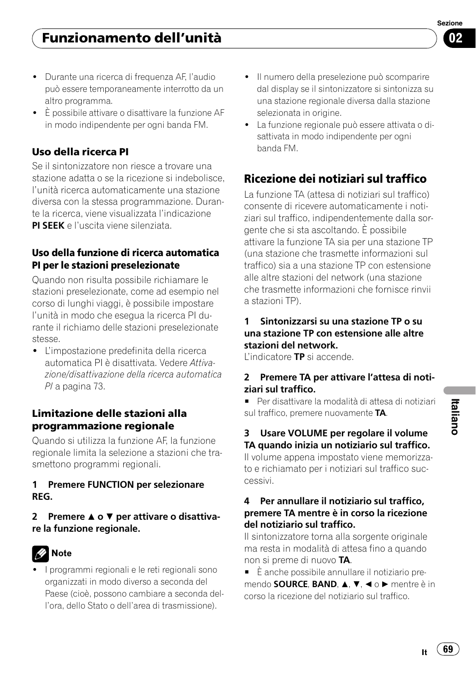 Ricezione dei notiziari sul traffico 69, Funzionamento dell ’unità, Ricezione dei notiziari sul traffico | Pioneer DEH-1900R User Manual | Page 69 / 109
