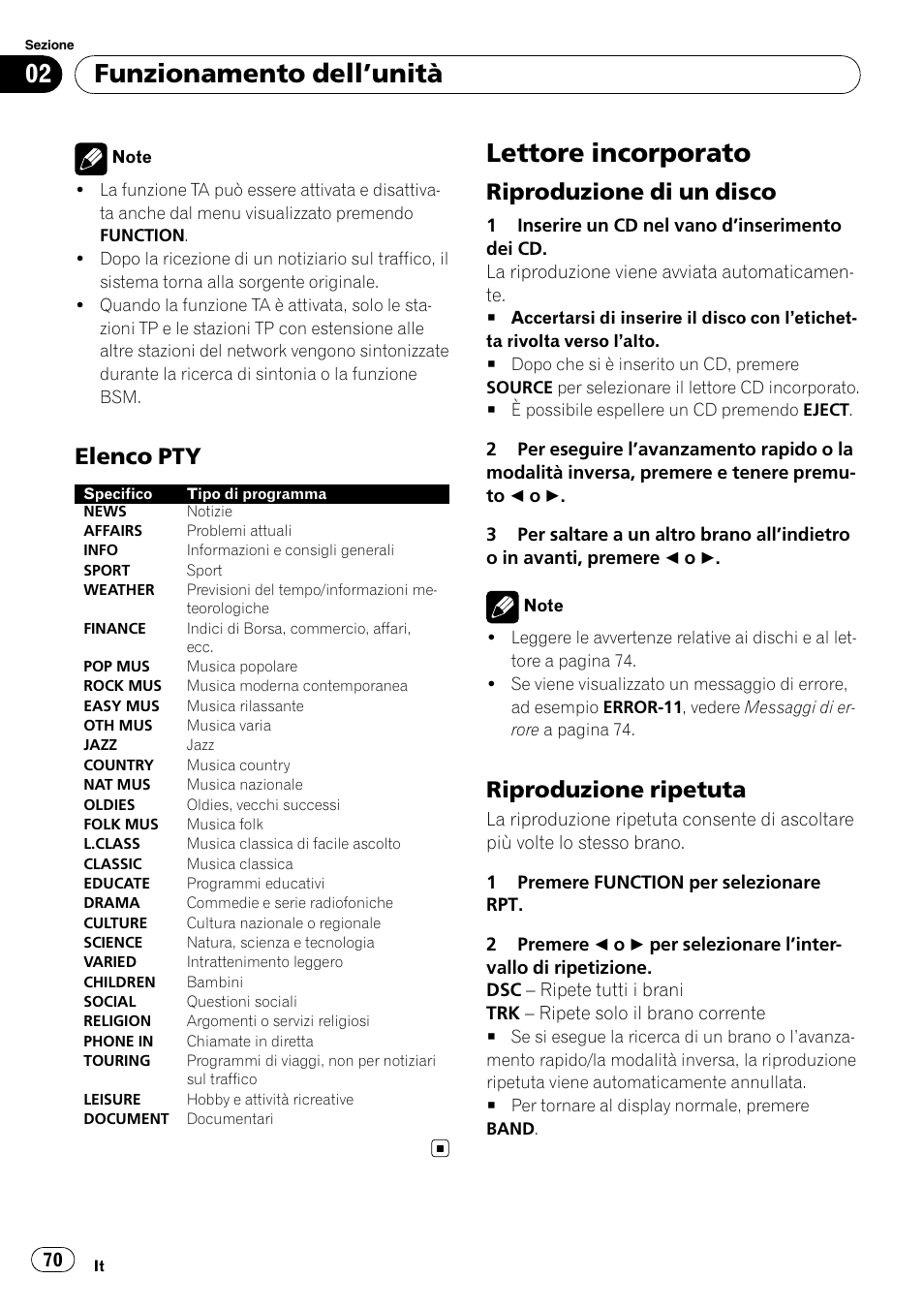 Elenco pty 70, Lettore incorporato, Riproduzione di un disco 70 | Riproduzione ripetuta 70, Funzionamento dell ’unità, Elenco pty, Riproduzione di un disco, Riproduzione ripetuta | Pioneer DEH-1900R User Manual | Page 70 / 109