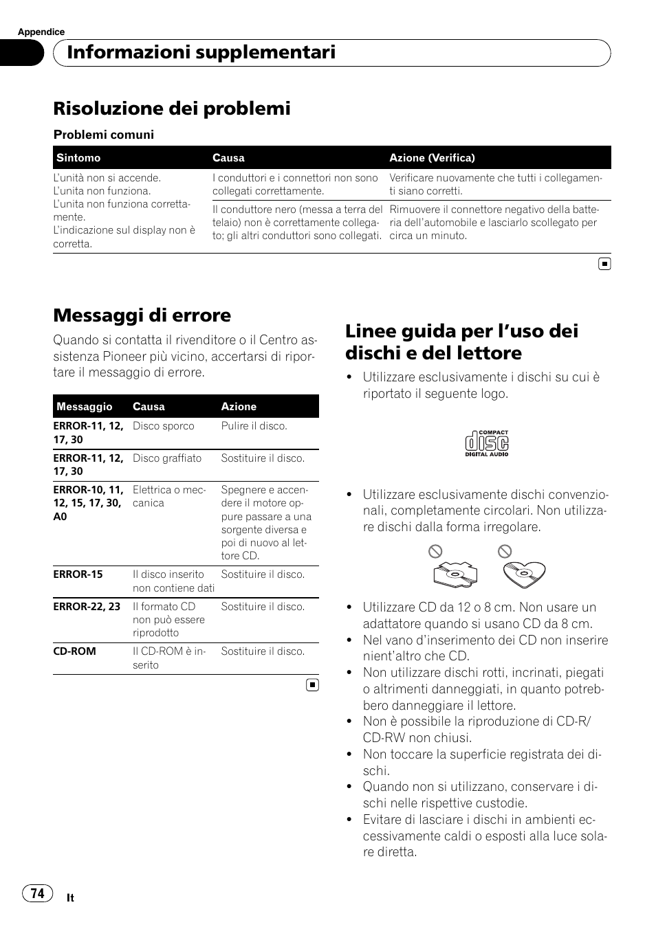 Messaggi di errore, Linee guida per l, Uso dei dischi e del | Lettore, Risoluzione dei problemi, Linee guida per l ’uso dei dischi e del lettore, Informazioni supplementari | Pioneer DEH-1900R User Manual | Page 74 / 109