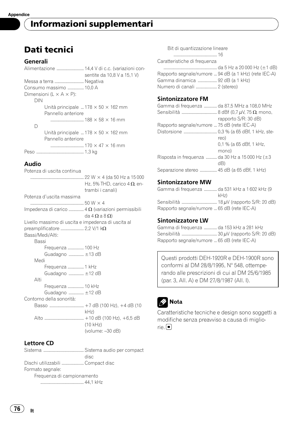 Dati tecnici, Informazioni supplementari | Pioneer DEH-1900R User Manual | Page 76 / 109