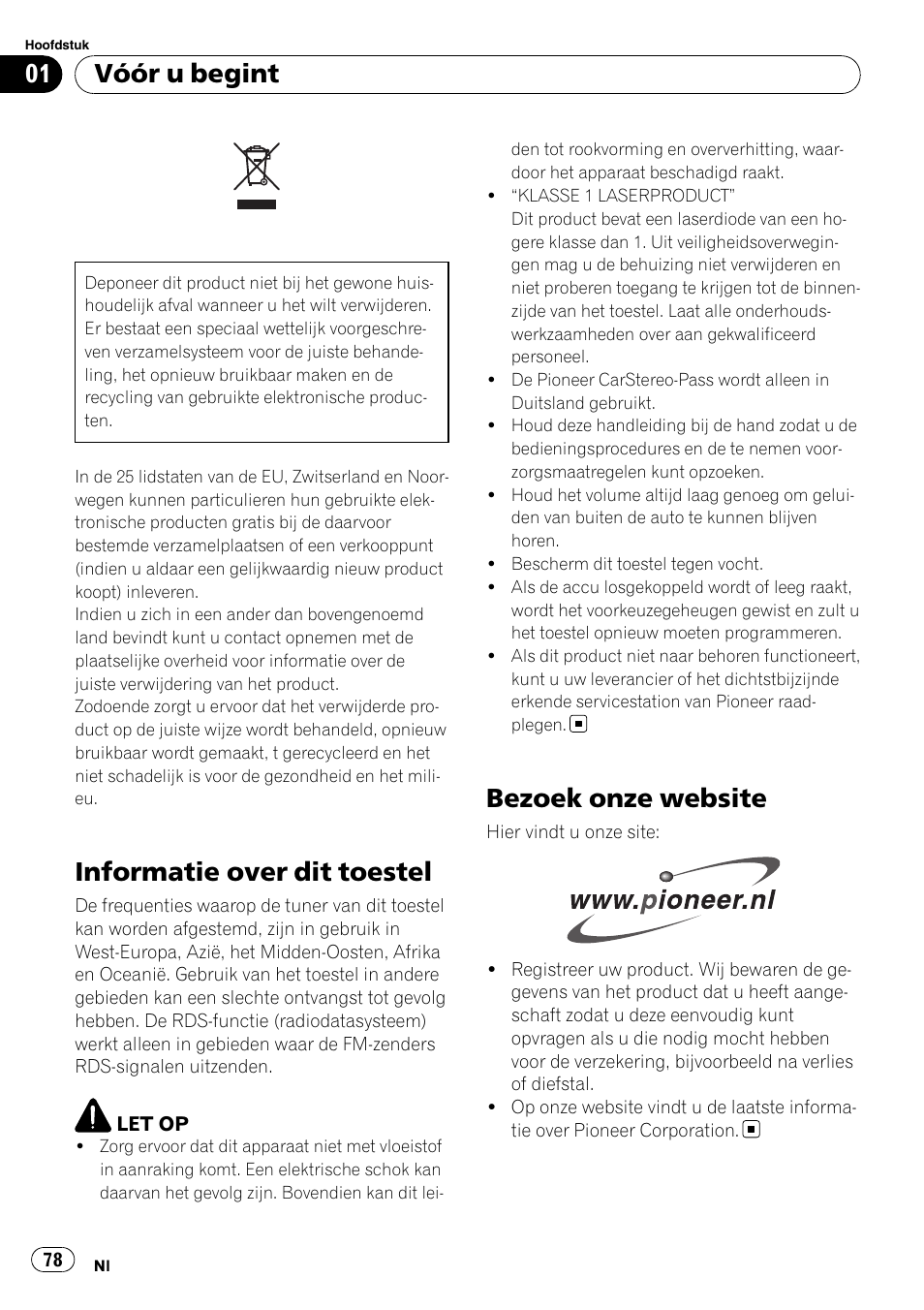 Vóór u begint, Informatie over dit toestel, Bezoek onze website | Pioneer DEH-1900R User Manual | Page 78 / 109