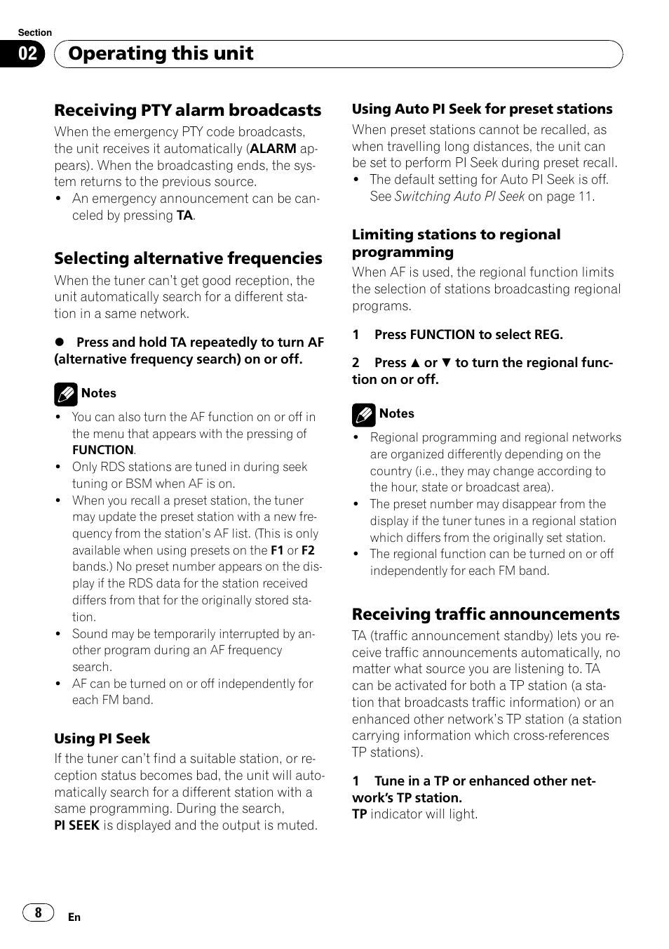 Receiving pty alarm broadcasts 8, Selecting alternative frequencies 8, Receiving traffic announcements 8 | Operating this unit, Receiving pty alarm broadcasts, Selecting alternative frequencies, Receiving traffic announcements | Pioneer DEH-1900R User Manual | Page 8 / 109