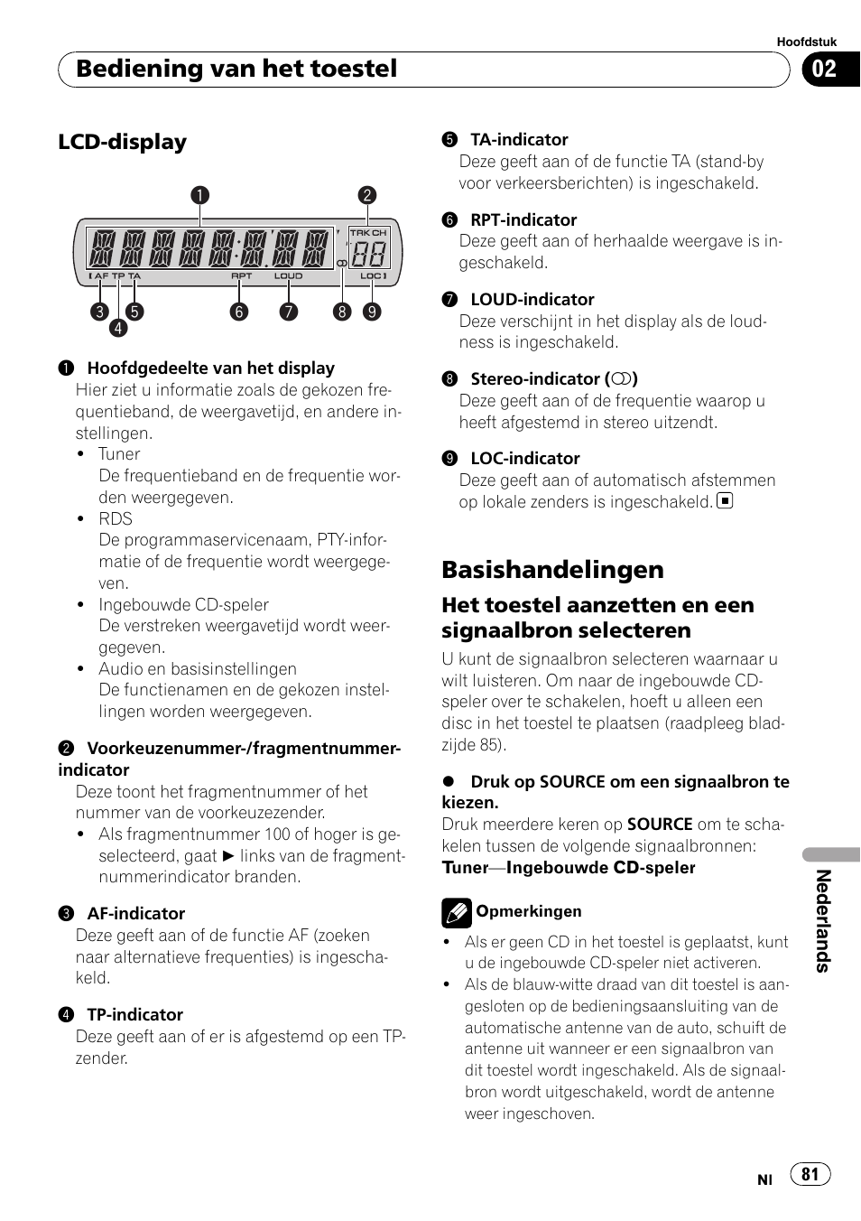 Lcd-display 81, Basishandelingen, Het toestel aanzetten en een | Signaalbron selecteren, Bediening van het toestel | Pioneer DEH-1900R User Manual | Page 81 / 109