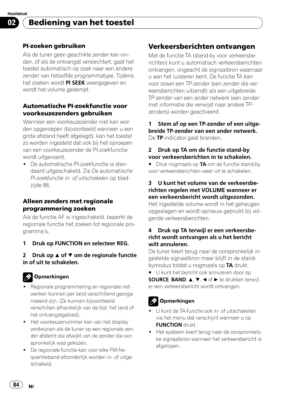 Verkeersberichten ontvangen 84, Bediening van het toestel, Verkeersberichten ontvangen | Pioneer DEH-1900R User Manual | Page 84 / 109