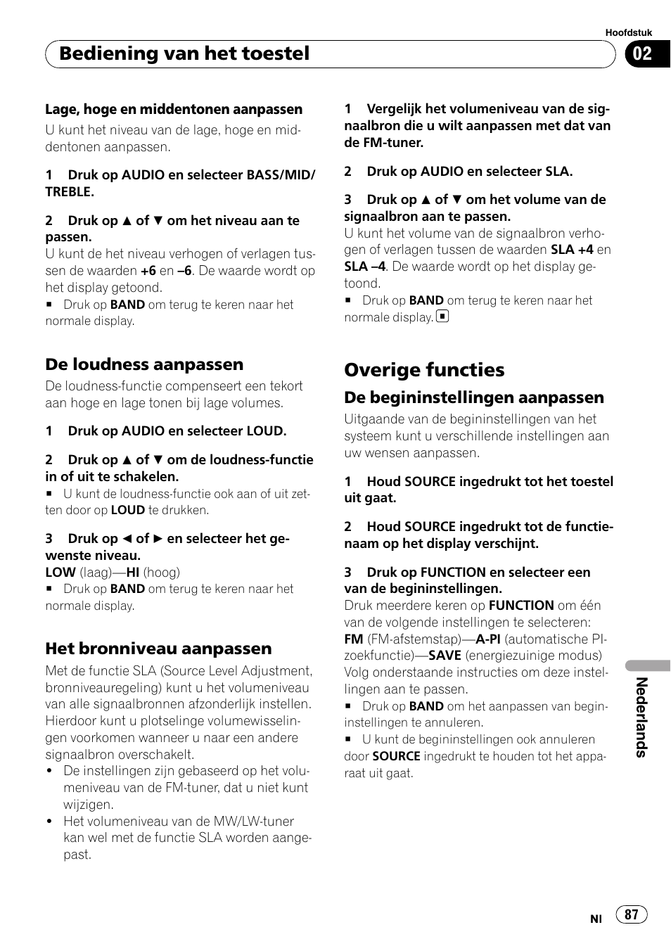 De loudness aanpassen 87, Het bronniveau aanpassen 87, Overige functies | De begininstellingen aanpassen 87, Bediening van het toestel, De loudness aanpassen, Het bronniveau aanpassen, De begininstellingen aanpassen | Pioneer DEH-1900R User Manual | Page 87 / 109
