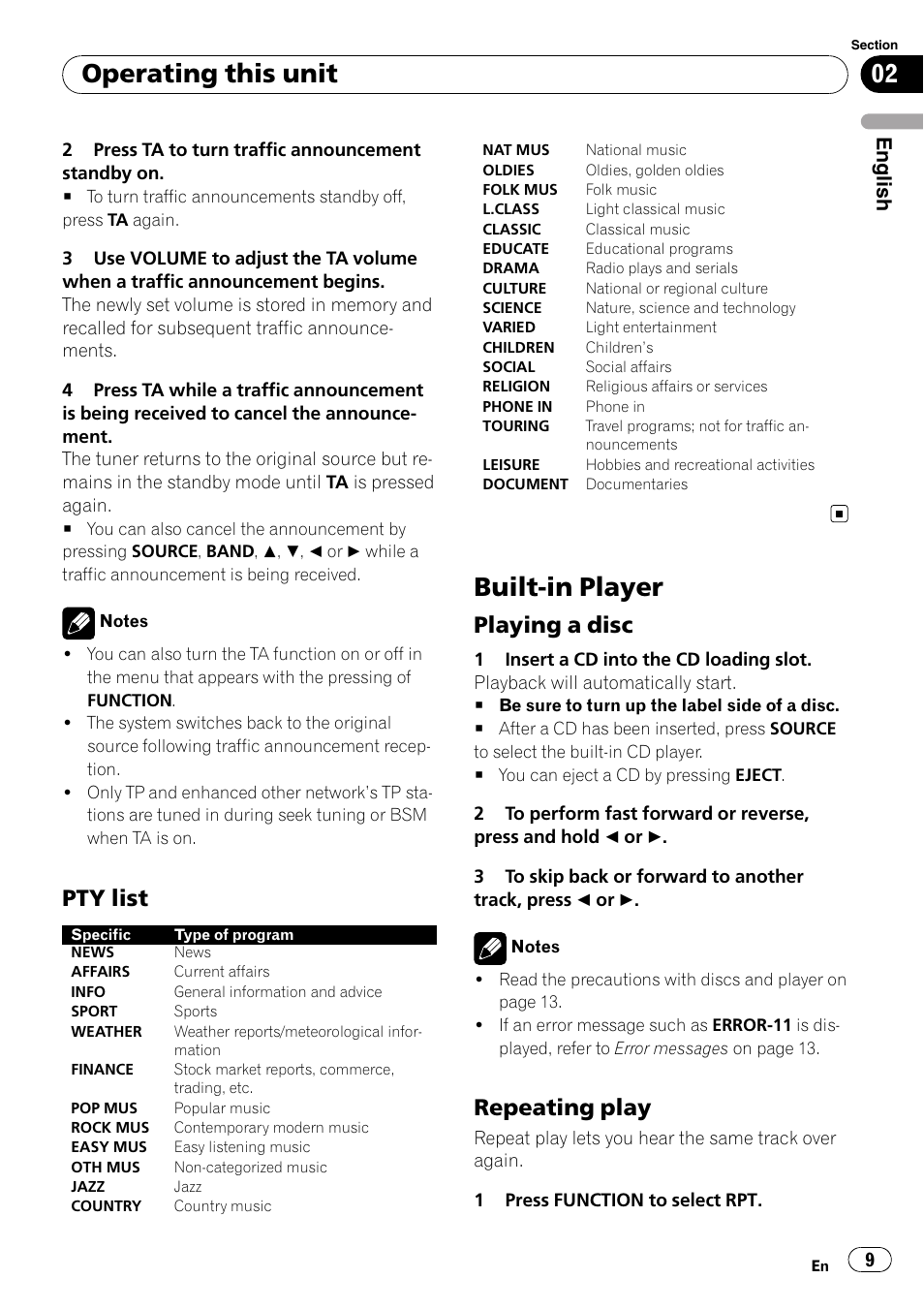 Pty list 9, Built-in player, Playing a disc 9 | Repeating play 9, Operating this unit, Pty list, Playing a disc, Repeating play, English | Pioneer DEH-1900R User Manual | Page 9 / 109