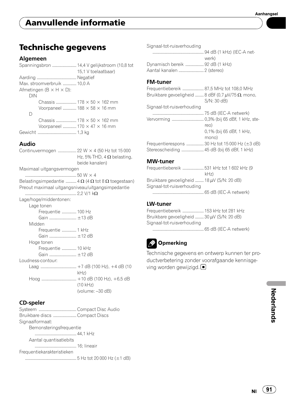 Technische gegevens, Aanvullende informatie, Nederlands | Pioneer DEH-1900R User Manual | Page 91 / 109