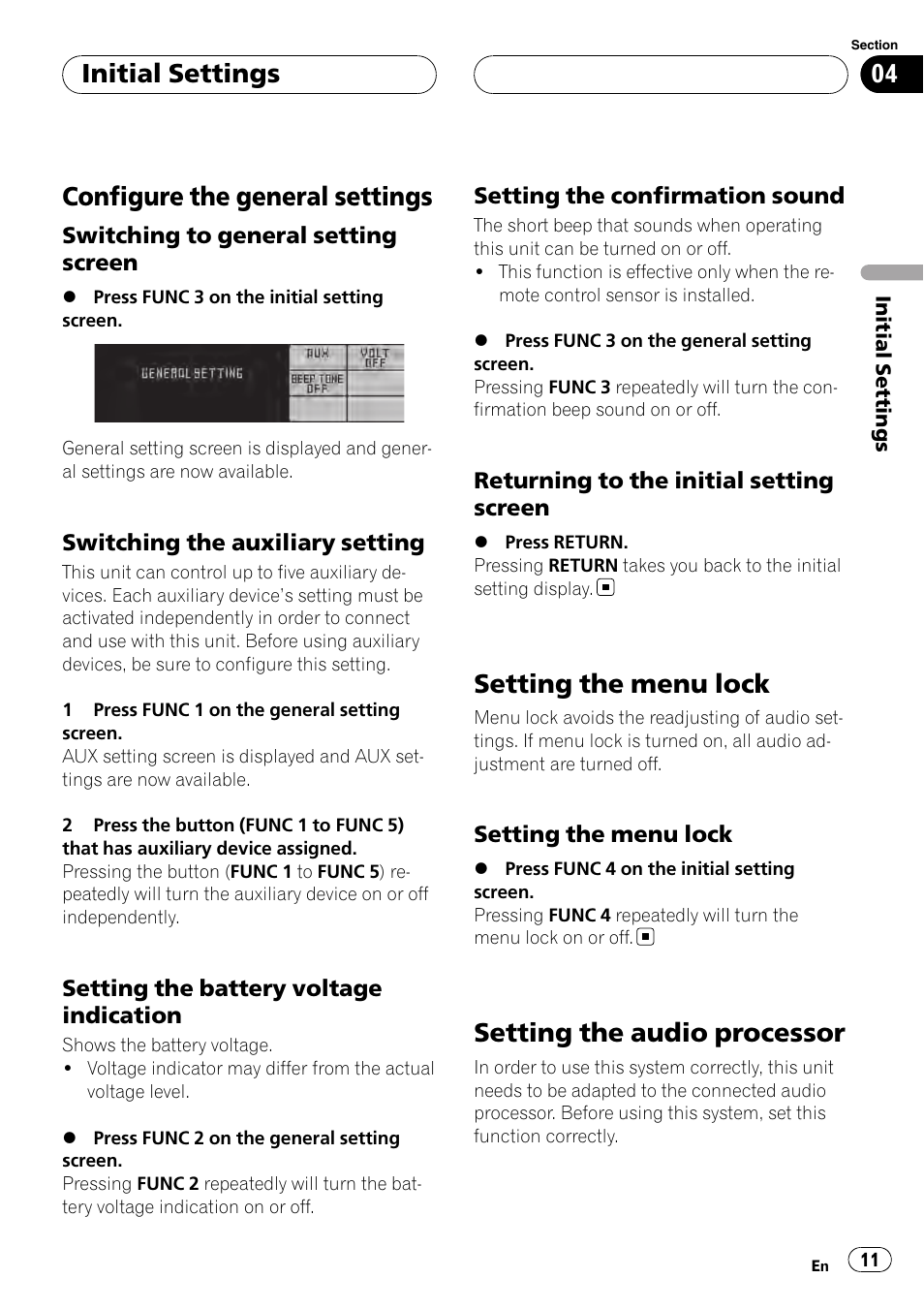 Configure the general settings, Setting the menu lock, Setting the audio processor | Initial settings | Pioneer AXM-P90RS User Manual | Page 11 / 41