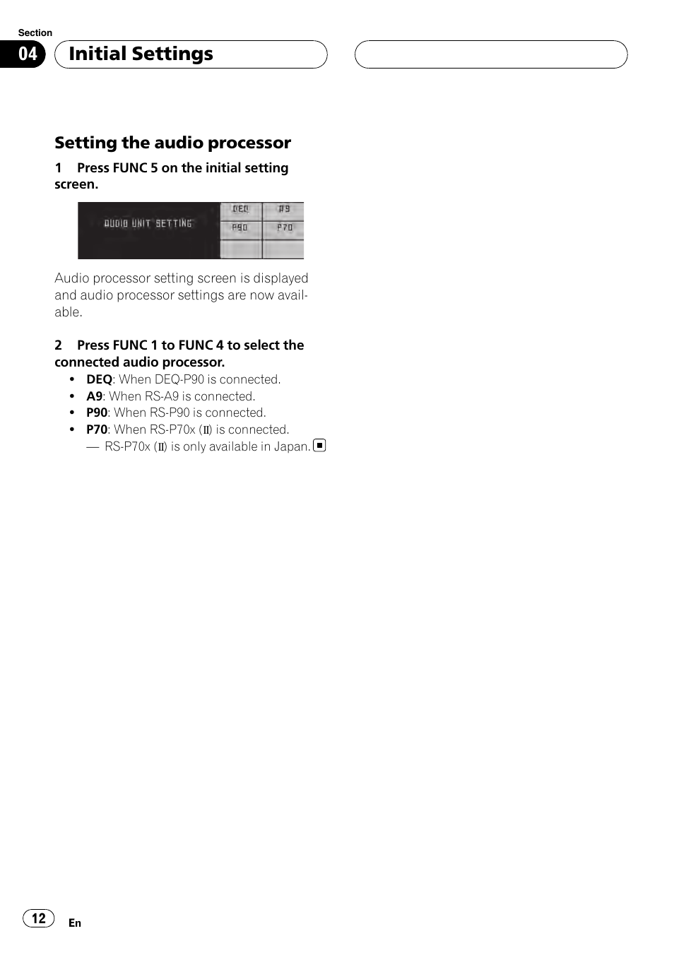 Initial settings, Setting the audio processor | Pioneer AXM-P90RS User Manual | Page 12 / 41