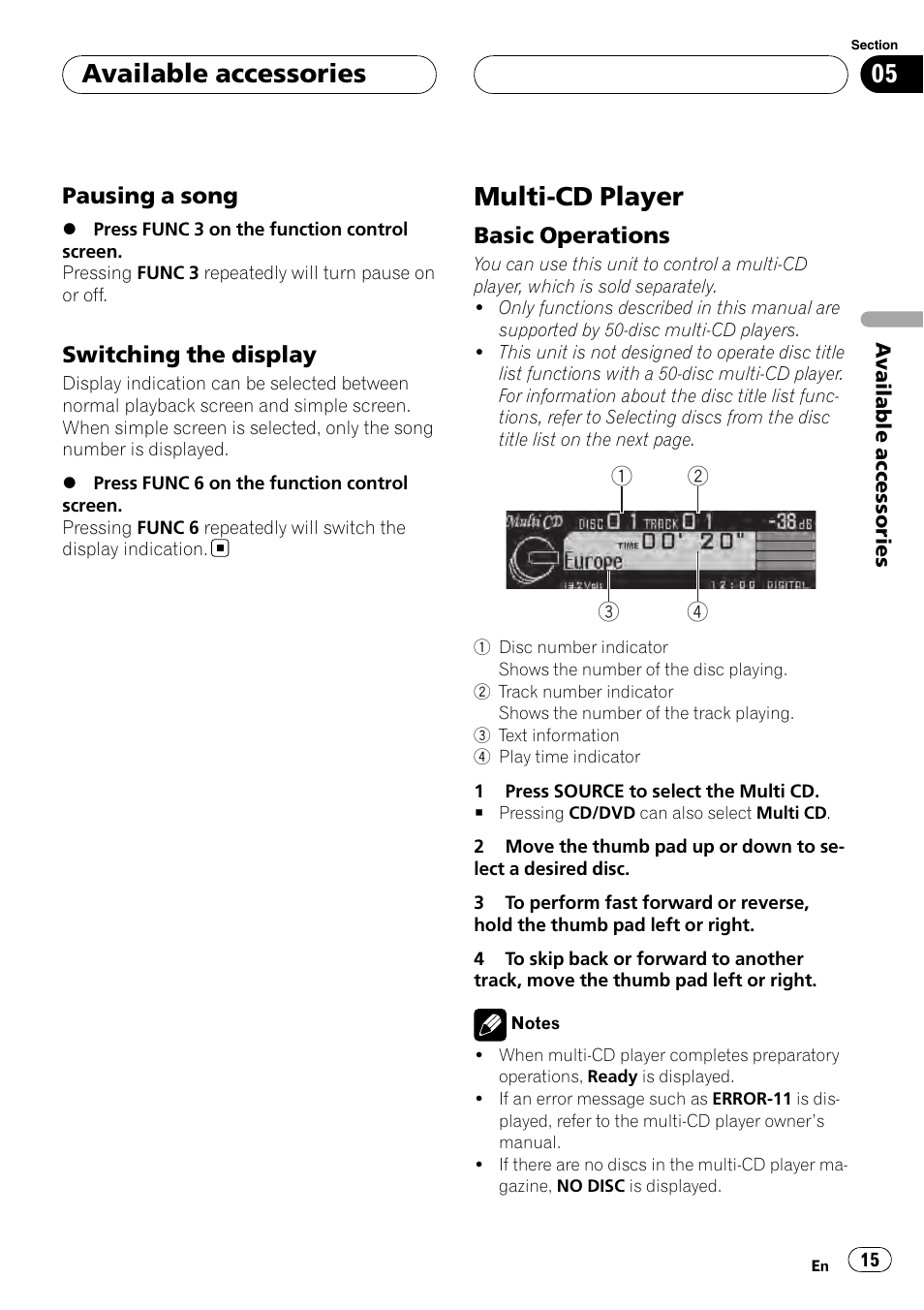 Multi-cd player, Available accessories, Pausing a song | Switching the display, Basic operations | Pioneer AXM-P90RS User Manual | Page 15 / 41