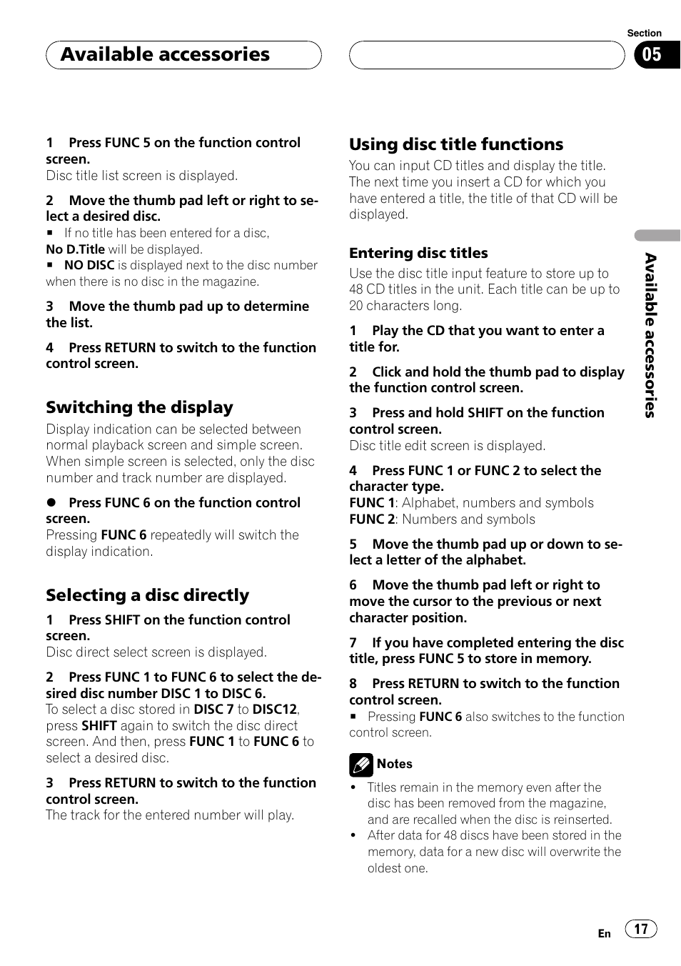 Available accessories, Switching the display, Selecting a disc directly | Using disc title functions | Pioneer AXM-P90RS User Manual | Page 17 / 41