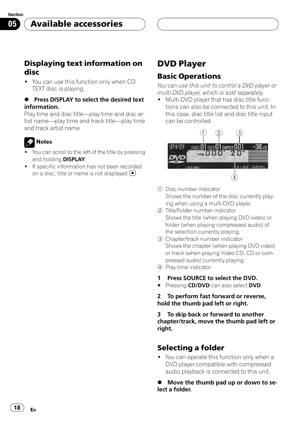 Dvd player, Available accessories, Displaying text information on disc | Basic operations, Selecting a folder | Pioneer AXM-P90RS User Manual | Page 18 / 41