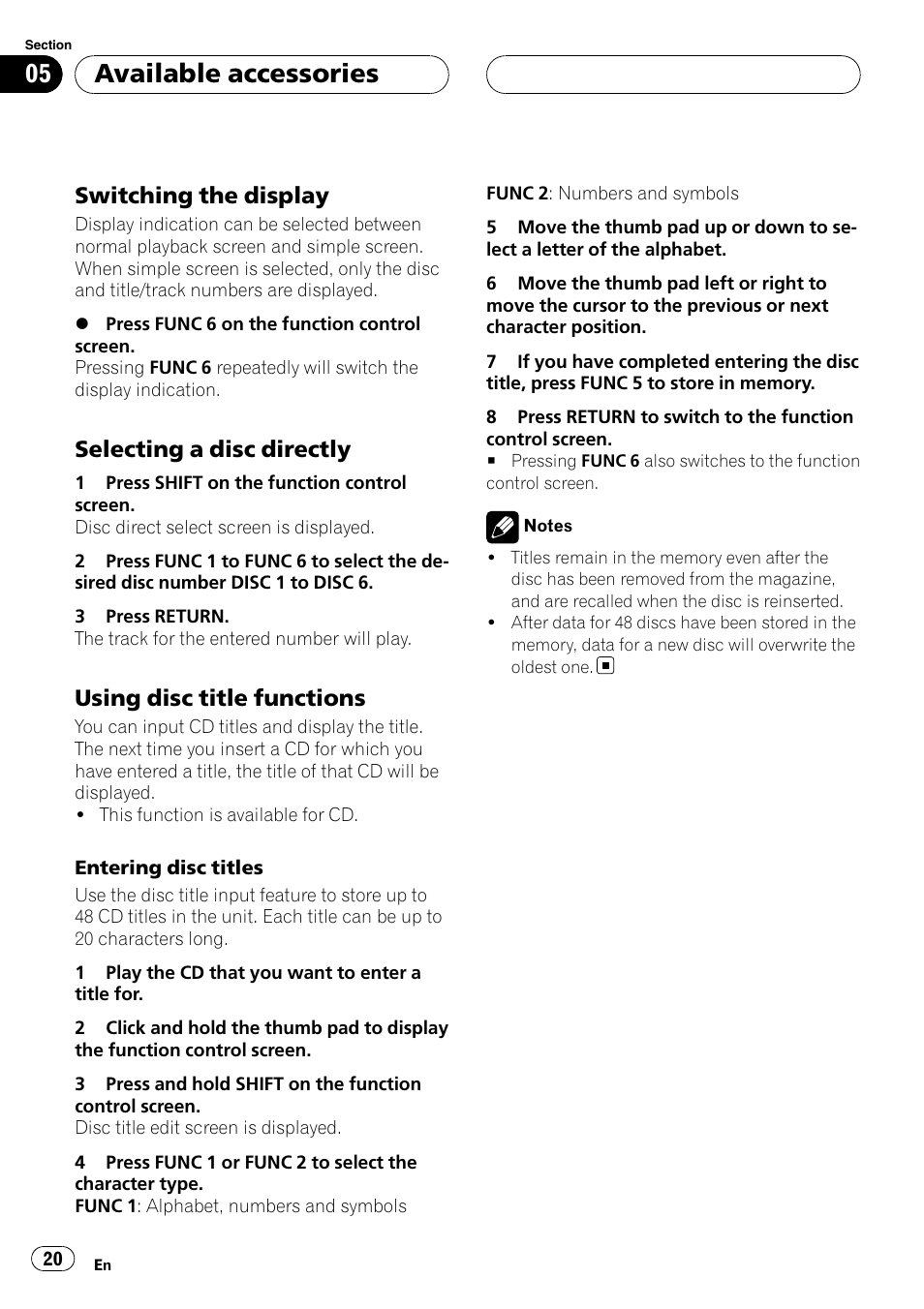 Available accessories, Switching the display, Selecting a disc directly | Using disc title functions | Pioneer AXM-P90RS User Manual | Page 20 / 41