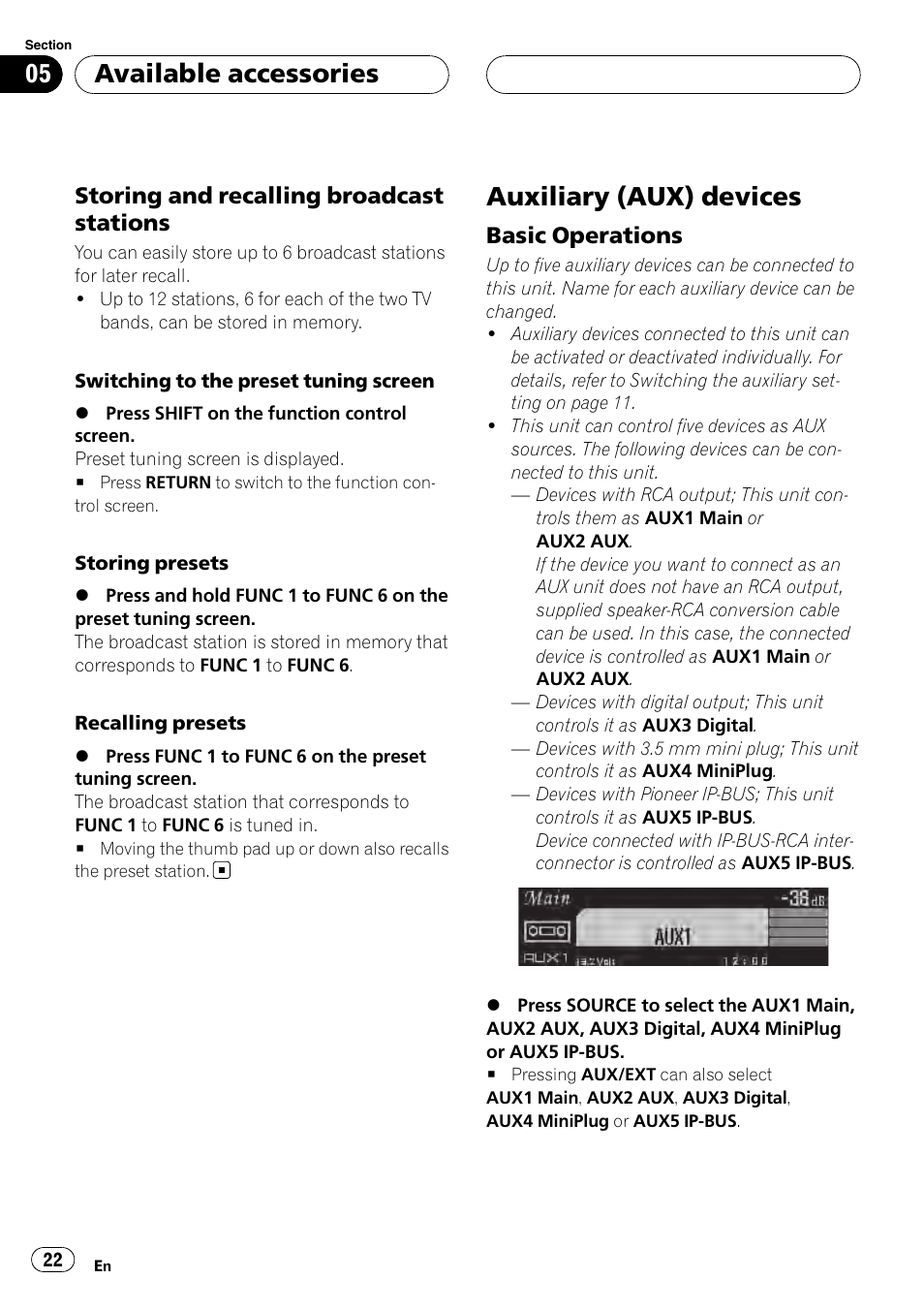 Auxiliary (aux) devices, Available accessories | Pioneer AXM-P90RS User Manual | Page 22 / 41