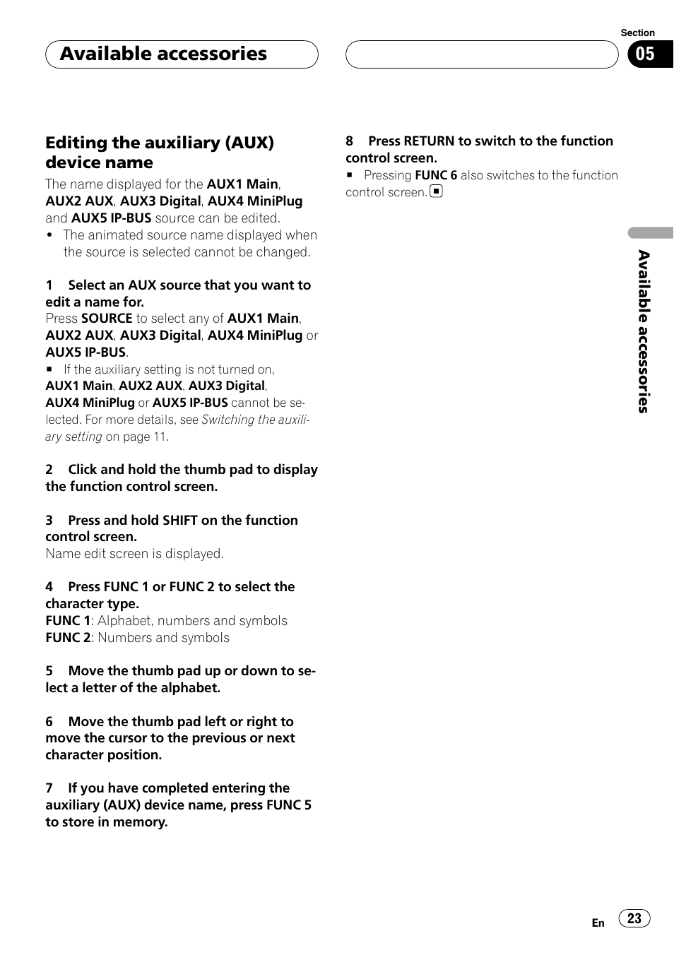 Available accessories, Editing the auxiliary (aux) device name | Pioneer AXM-P90RS User Manual | Page 23 / 41