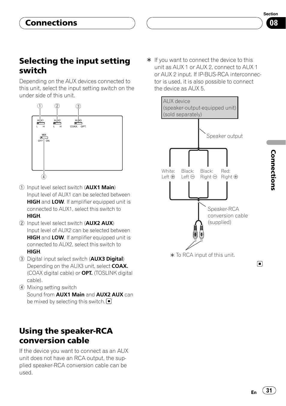 Selecting the input setting switch, Using the speaker-rca conversion cable, Connections | Pioneer AXM-P90RS User Manual | Page 31 / 41