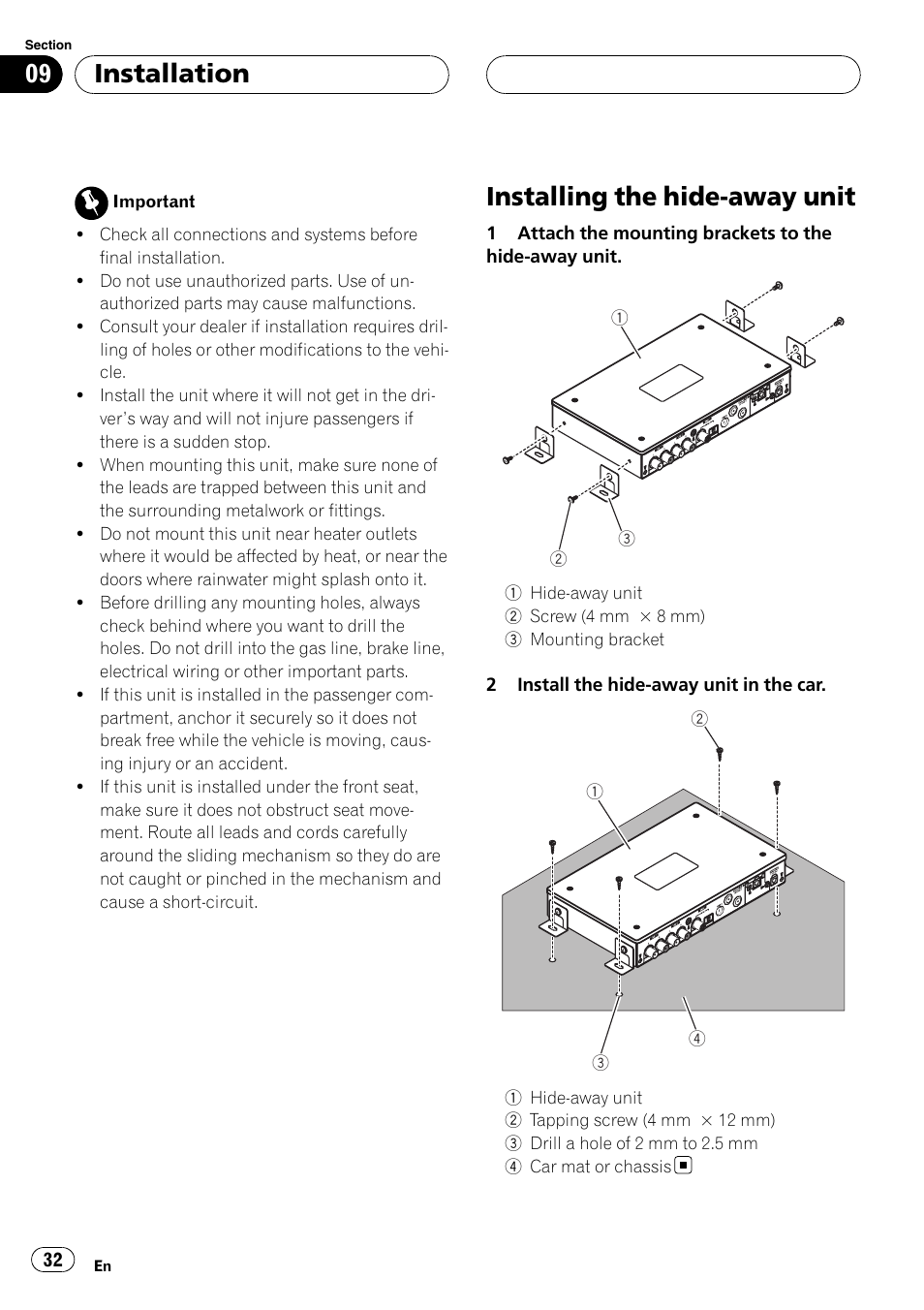 Installation installing the hide-away unit, Installing the hide-away unit, Installation | Pioneer AXM-P90RS User Manual | Page 32 / 41