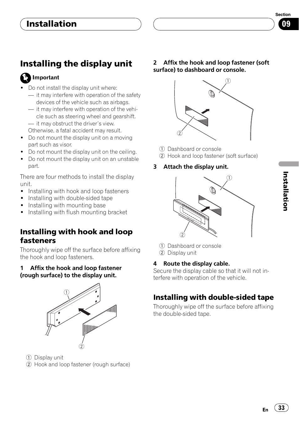 Installing the display unit, Installation, Installing with hook and loop fasteners | Installing with double-sided tape | Pioneer AXM-P90RS User Manual | Page 33 / 41