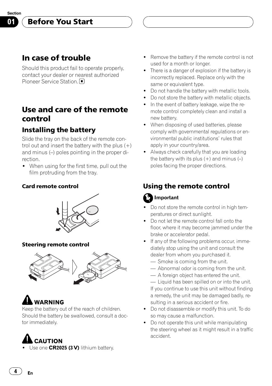 In case of trouble, Use and care of the remote control, Before you start | Installing the battery, Using the remote control | Pioneer AXM-P90RS User Manual | Page 4 / 41
