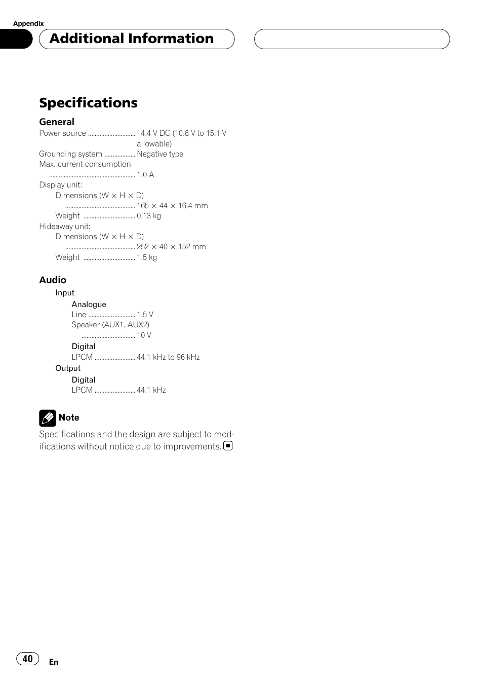 Specifications, Additional information | Pioneer AXM-P90RS User Manual | Page 40 / 41