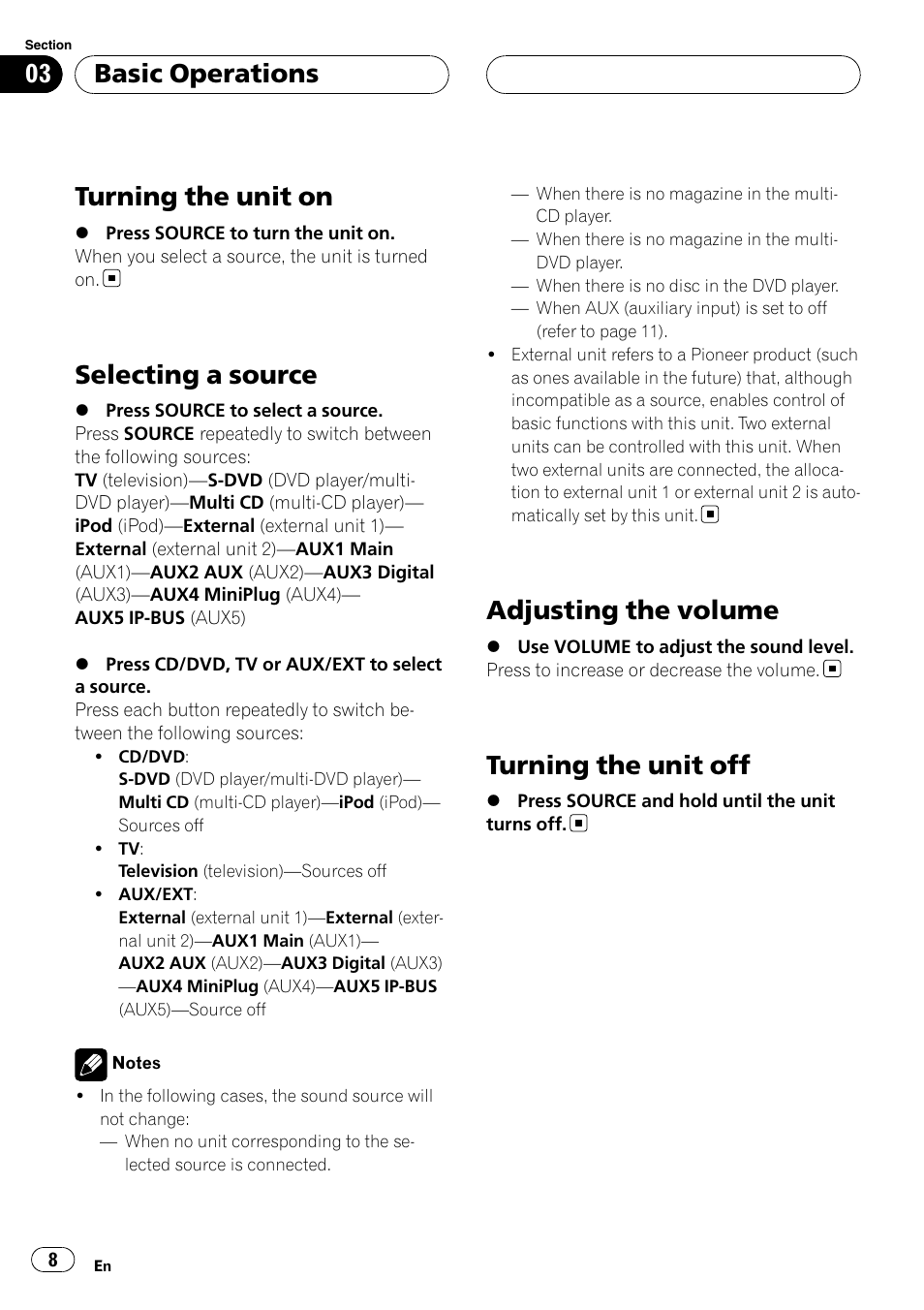 Basic operations turning the unit on, Selecting a source, Adjusting the volume | Turning the unit off, Turning the unit on, Basic operations | Pioneer AXM-P90RS User Manual | Page 8 / 41