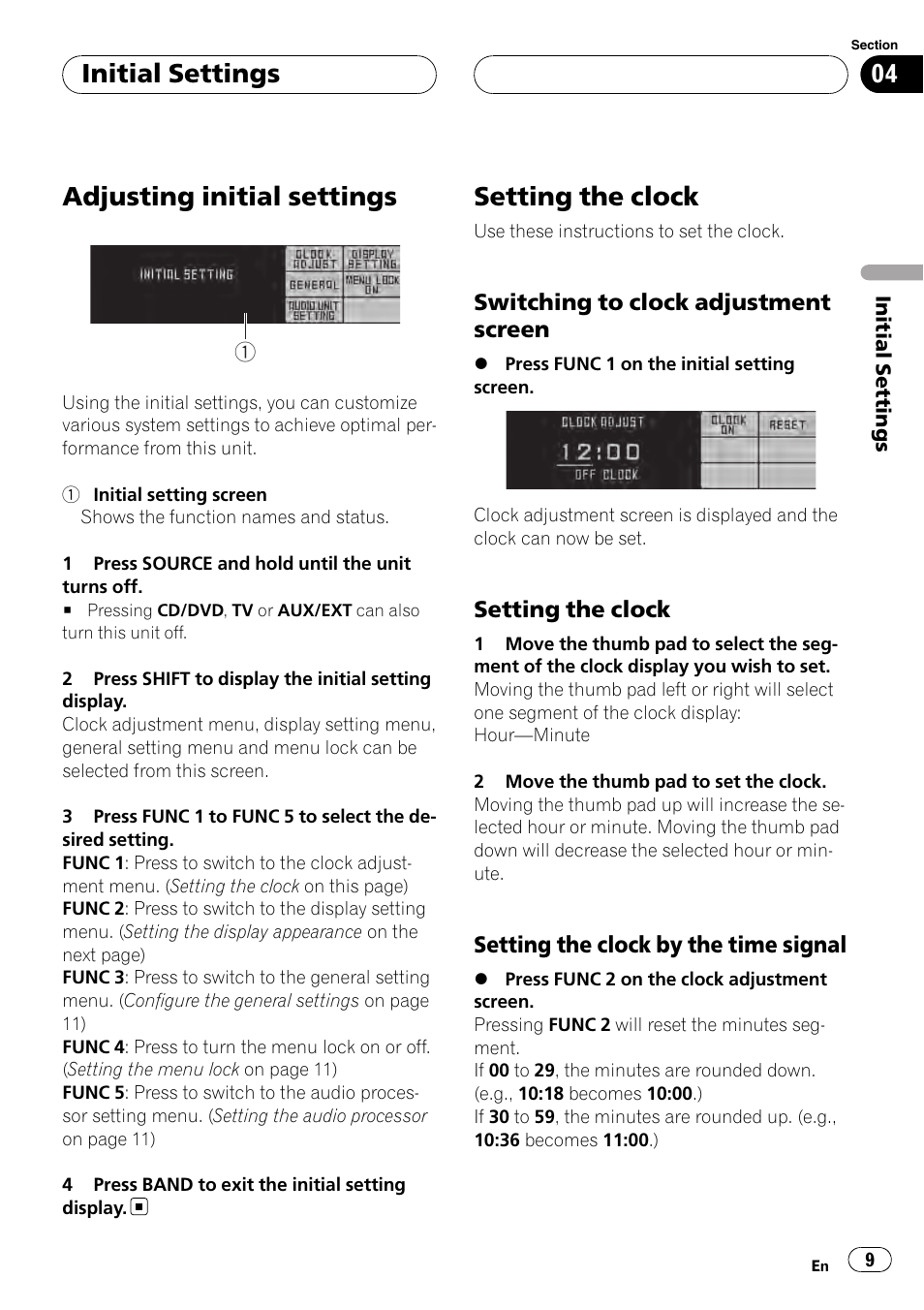 Initial settings adjusting initial settings, Setting the clock, Adjusting initial settings | Initial settings | Pioneer AXM-P90RS User Manual | Page 9 / 41