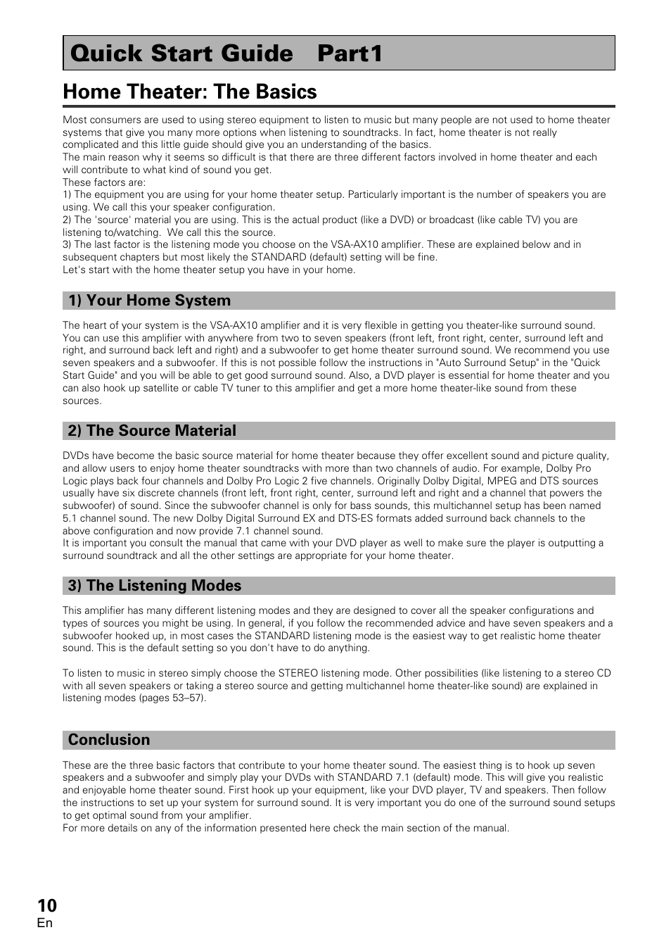 Quick start guide part 1, Home theater: the basics, 1) your home system | 2) the source material, 3) the listening modes conclusion, Quick start guide part1 | Pioneer VSA-AX10 User Manual | Page 10 / 112