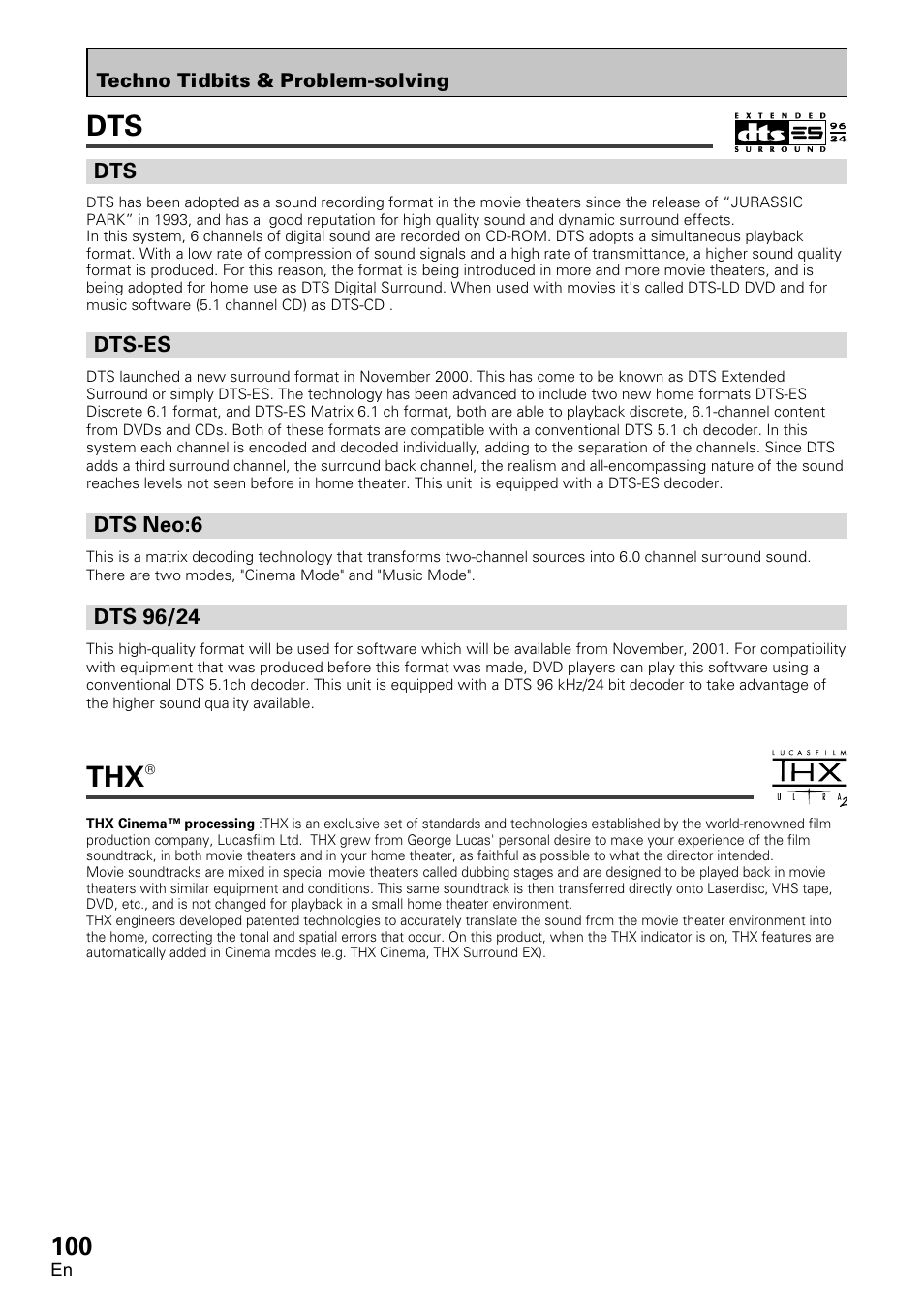 Dts-es dts neo:6, Dts 96/24 | Pioneer VSA-AX10 User Manual | Page 100 / 112