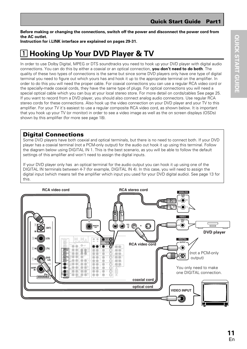 1 hooking up your dvd player & tv, 11 hooking up your dvd player & tv, Quick st ar t guide | Digital connections, Quick start guide part1, Not a pcm-only output), Dvd player, You only need to make one digital connection, Video input, Assignable | Pioneer VSA-AX10 User Manual | Page 11 / 112