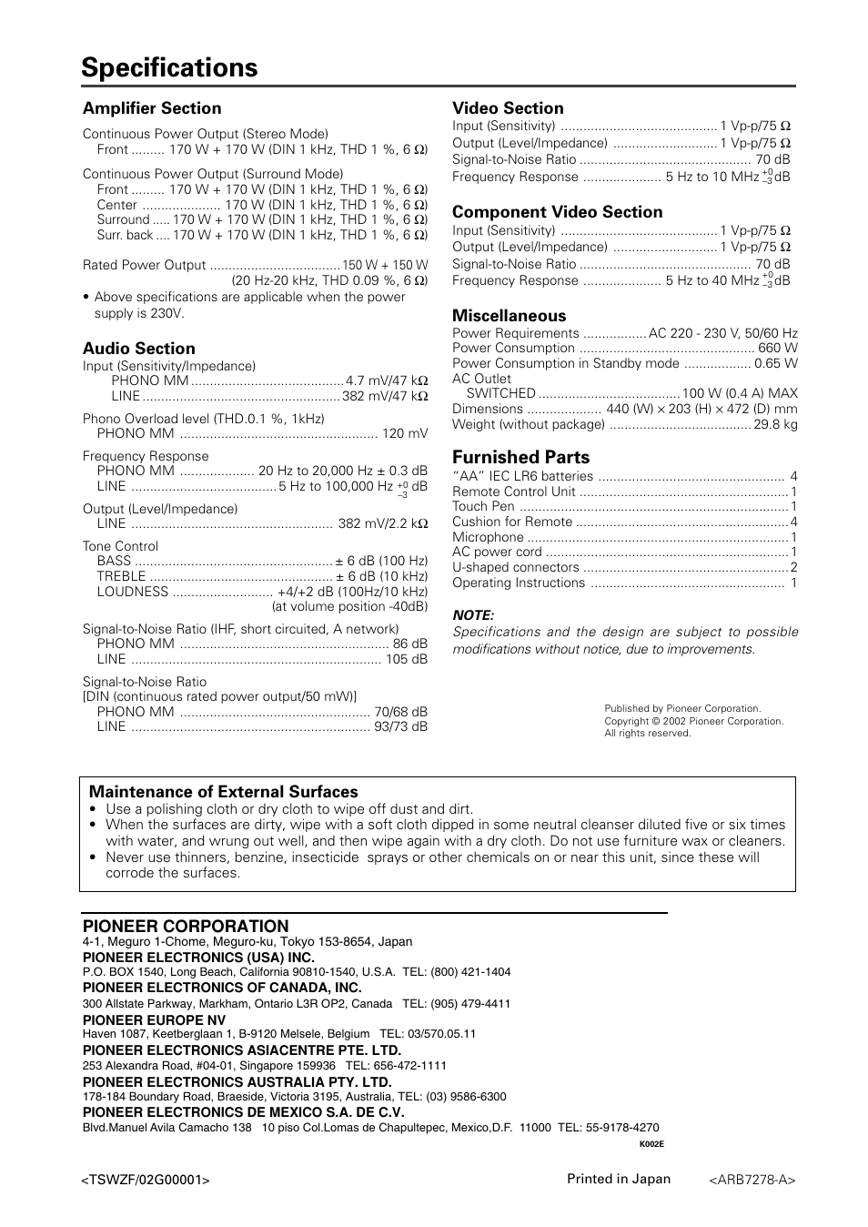 Specifications, Furnished parts, Pioneer corporation | Miscellaneous, Maintenance of external surfaces | Pioneer VSA-AX10 User Manual | Page 112 / 112