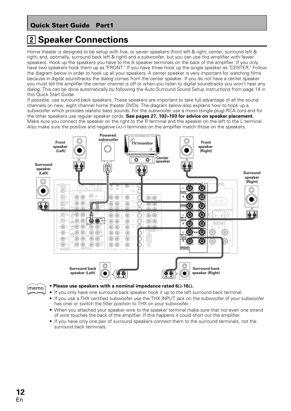 2 speaker connections, 22 speaker connections, Quick start guide part1 | Pioneer VSA-AX10 User Manual | Page 12 / 112