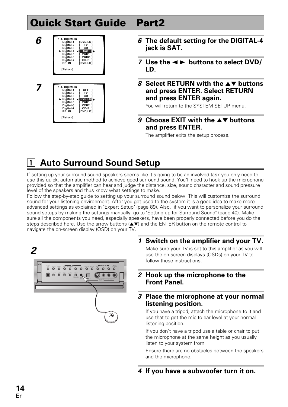 Quick start guide part 2, 1 auto surround sound setup, Quick start guide part2 | 11 auto surround sound setup, 1 switch on the amplifier and your tv, 4 if you have a subwoofer turn it on, 9 choose exit with the 5∞ buttons and press enter | Pioneer VSA-AX10 User Manual | Page 14 / 112