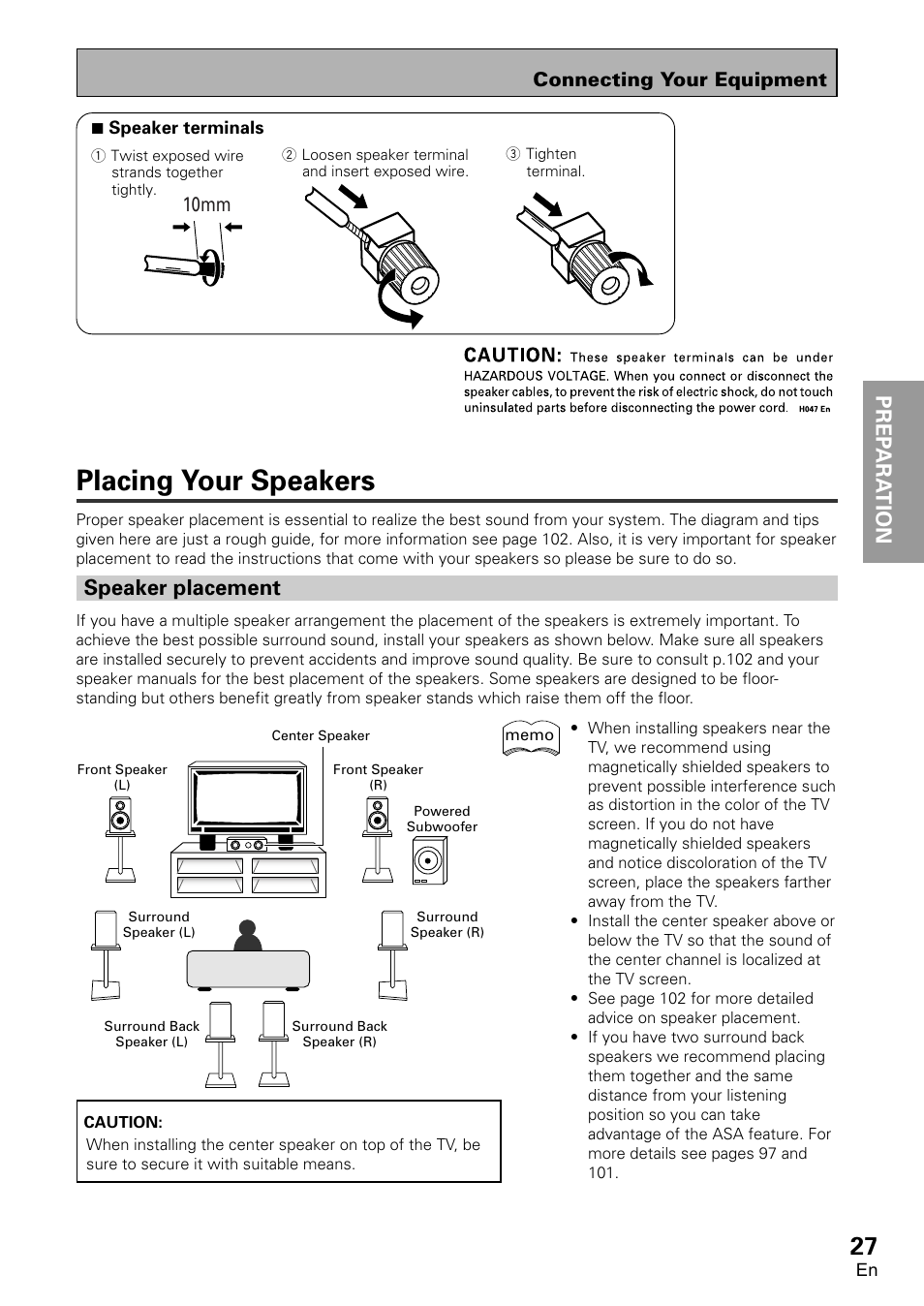 Placing your speakers, Speaker placement, Prep ara tion prep a ra tion | 10mm | Pioneer VSA-AX10 User Manual | Page 27 / 112