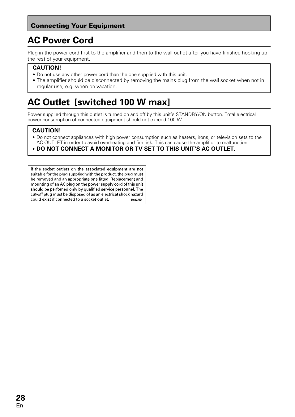 Ac power cord ac outlet [switched 100 w max, Ac power cord, Ac outlet [switched 100 w max | Pioneer VSA-AX10 User Manual | Page 28 / 112