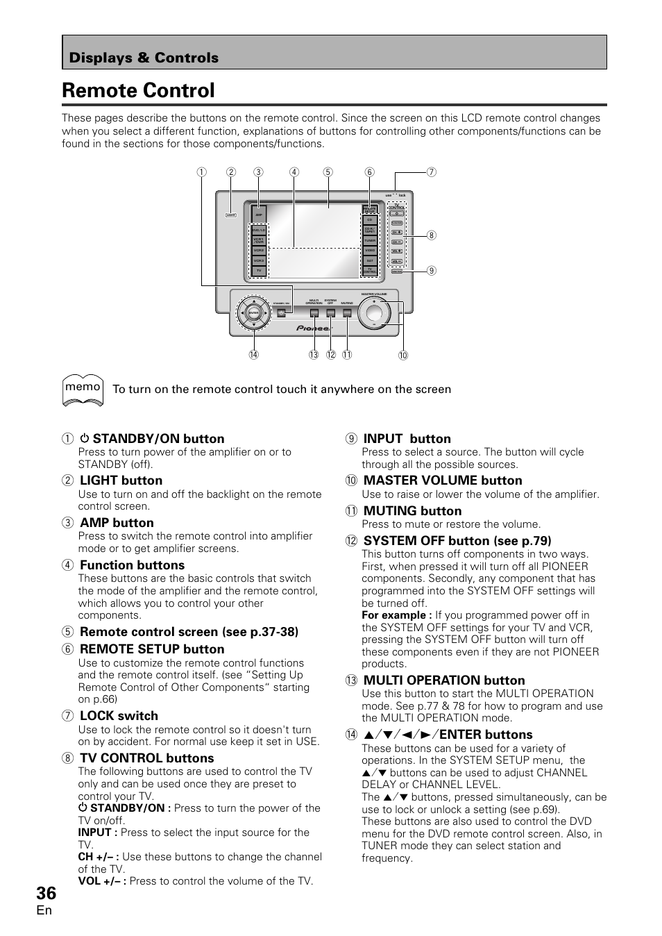 Remote control, Displays & controls, 1standby/on button | 2 light button, 3 amp button, 4 function buttons, 7 lock switch, 8 tv control buttons, 9 input button, 0 master volume button | Pioneer VSA-AX10 User Manual | Page 36 / 112