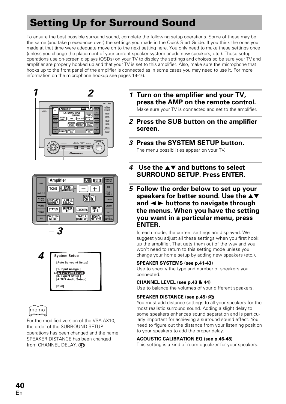 Setting up for surround sound, The menu possibilities appear on your tv, Amplifier | Pioneer VSA-AX10 User Manual | Page 40 / 112