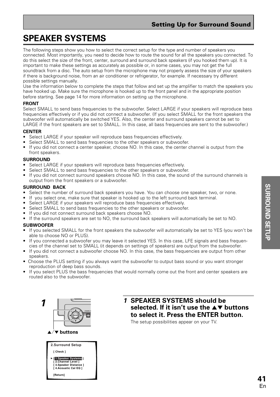 Speaker systems, Surround setup, Setting up for surround sound | Pioneer VSA-AX10 User Manual | Page 41 / 112