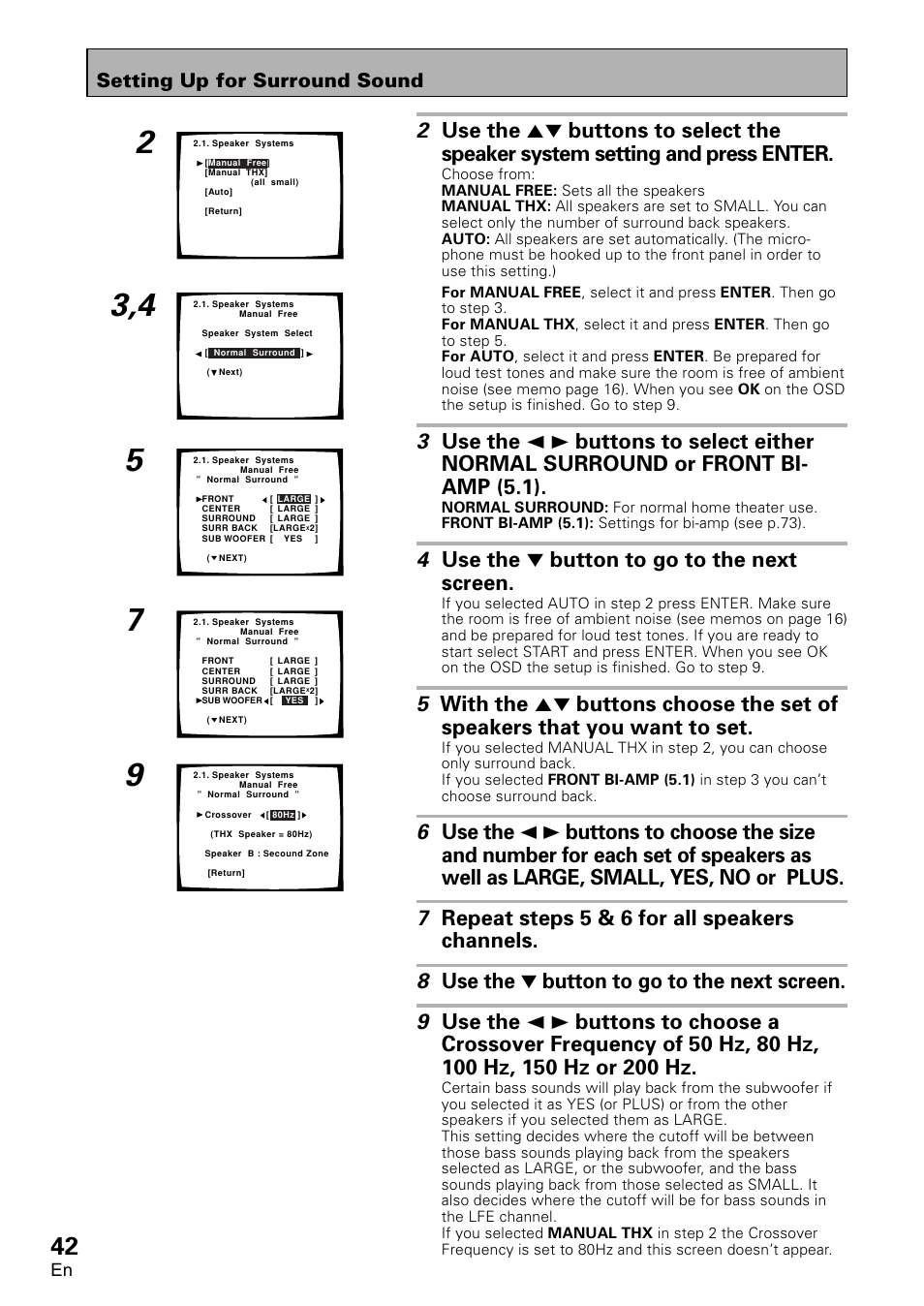 4 use the ∞ button to go to the next screen, Setting up for surround sound | Pioneer VSA-AX10 User Manual | Page 42 / 112