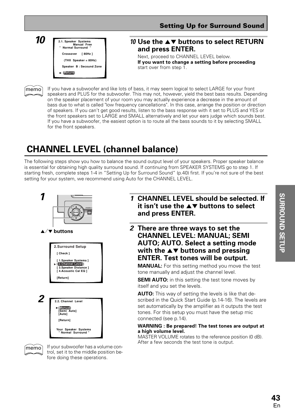 Channel level (channel balance), Setting up for surround sound | Pioneer VSA-AX10 User Manual | Page 43 / 112