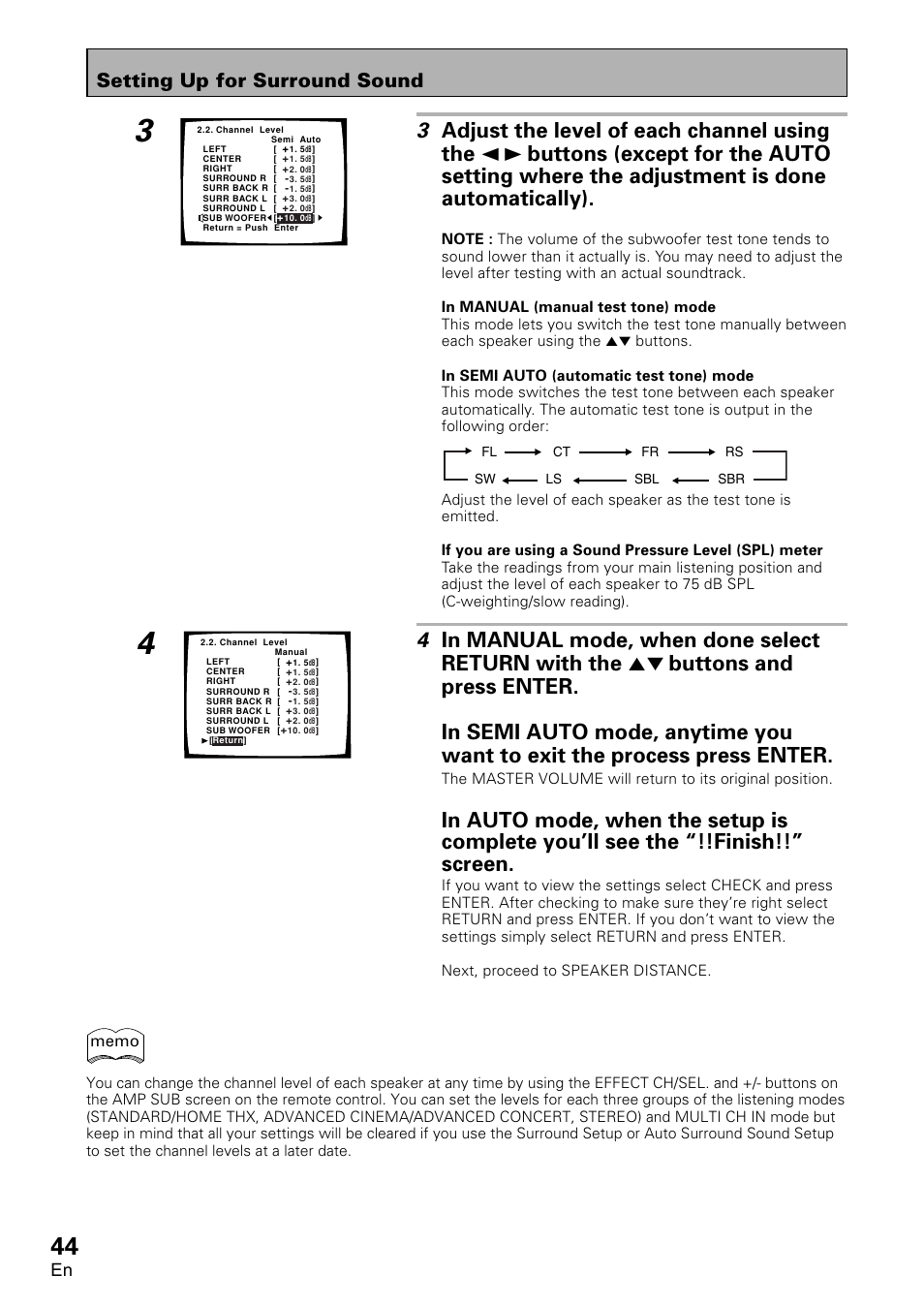 3 adjust the level of each channel using the 2 3, Setting up for surround sound | Pioneer VSA-AX10 User Manual | Page 44 / 112