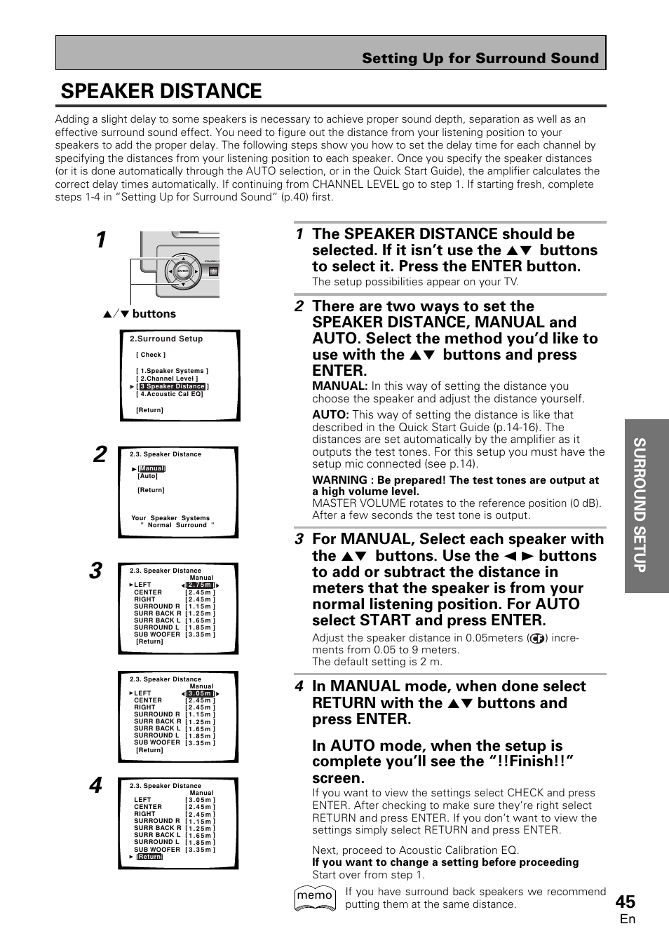 Speaker distance, Surround setup, Setting up for surround sound | 5˜∞ buttons | Pioneer VSA-AX10 User Manual | Page 45 / 112