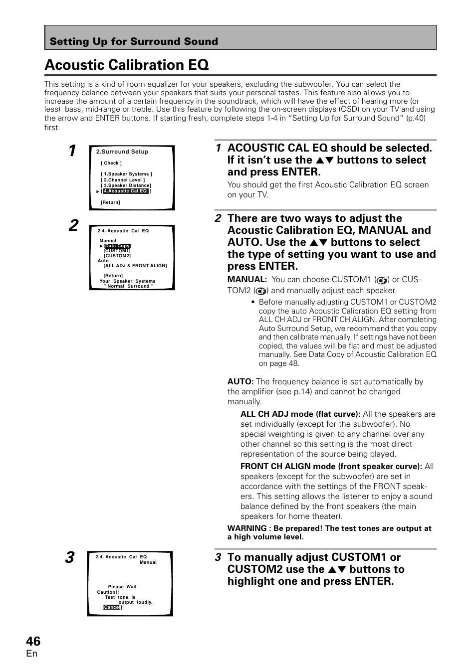 Acoustic calibration eq, Setting up for surround sound | Pioneer VSA-AX10 User Manual | Page 46 / 112