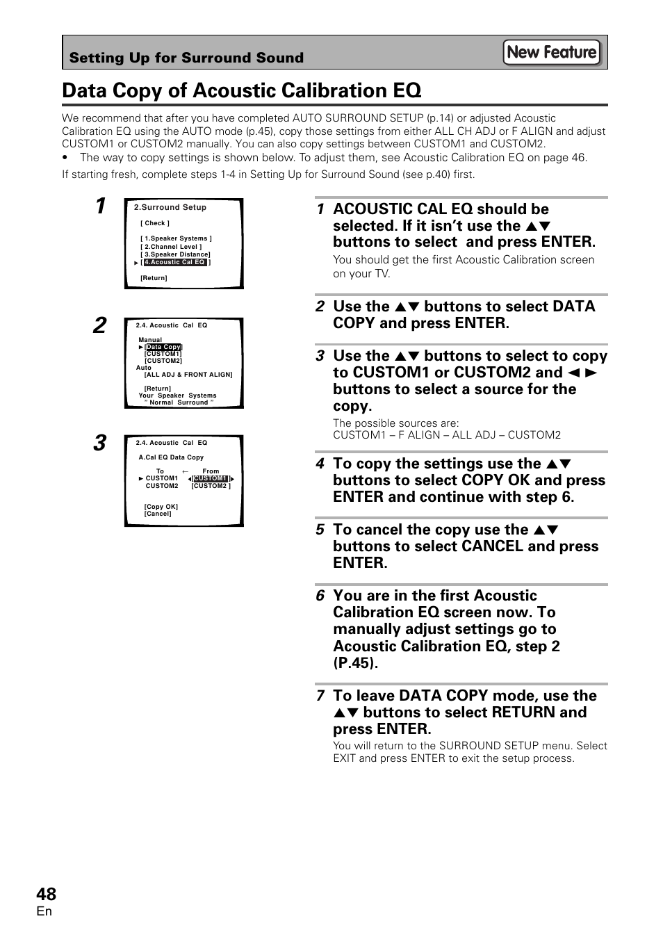 Data copy of acoustic calibration eq, Setting up for surround sound | Pioneer VSA-AX10 User Manual | Page 48 / 112