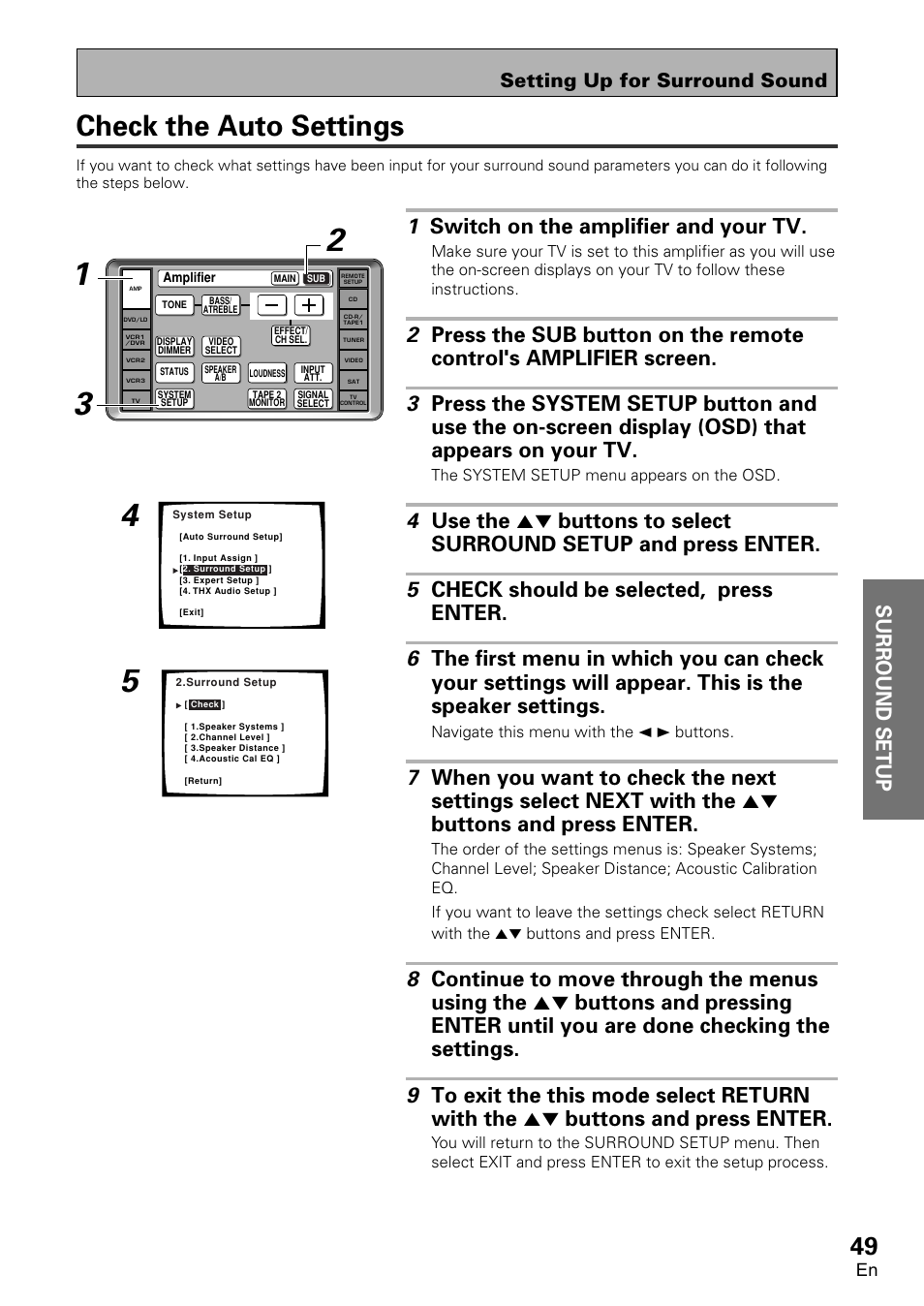 Check the auto settings, Surround setup, 1 switch on the amplifier and your tv | Setting up for surround sound | Pioneer VSA-AX10 User Manual | Page 49 / 112