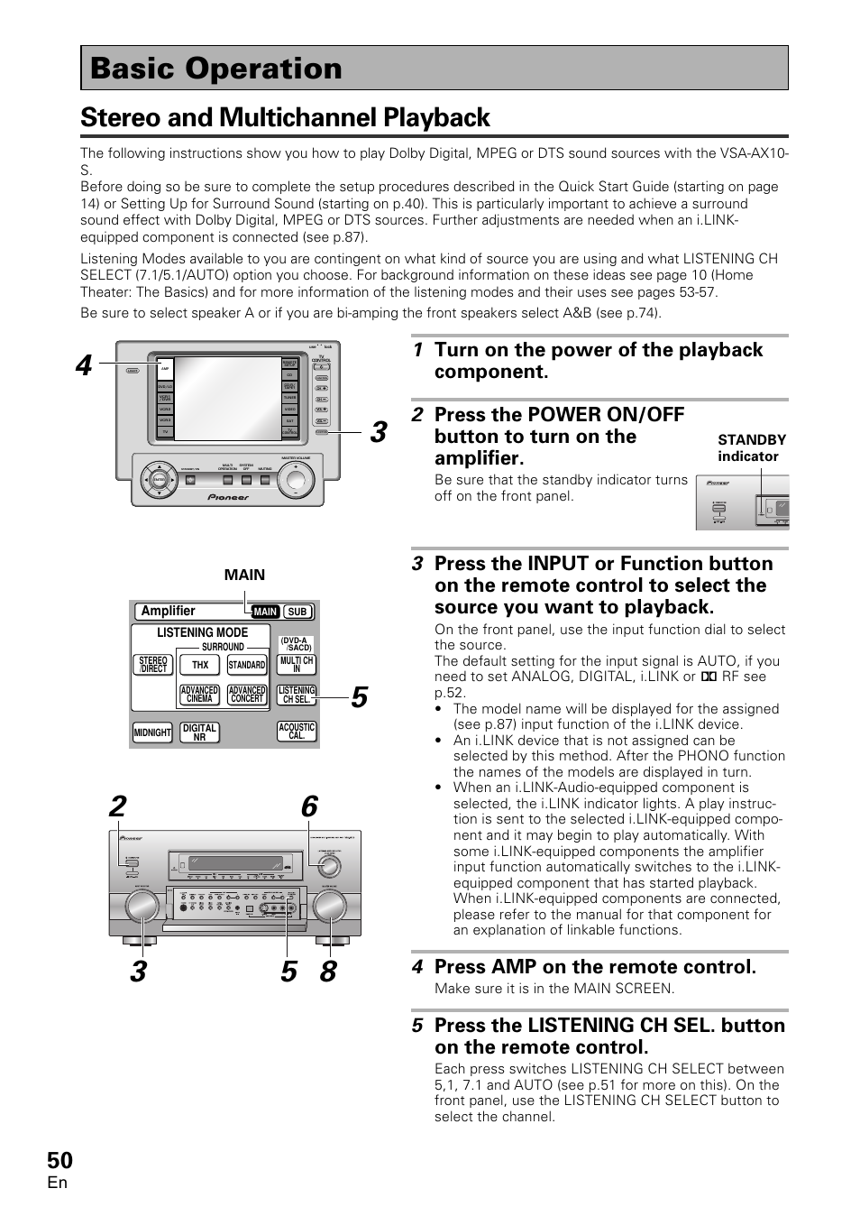 Basic operation, Stereo and multichannel playback, 4 press amp on the remote control | Main | Pioneer VSA-AX10 User Manual | Page 50 / 112