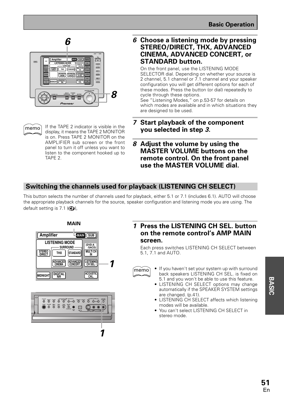 Switching the channels used for playback, Listening ch select), Basic | Basic operation, Amplifier, Listening mode | Pioneer VSA-AX10 User Manual | Page 51 / 112