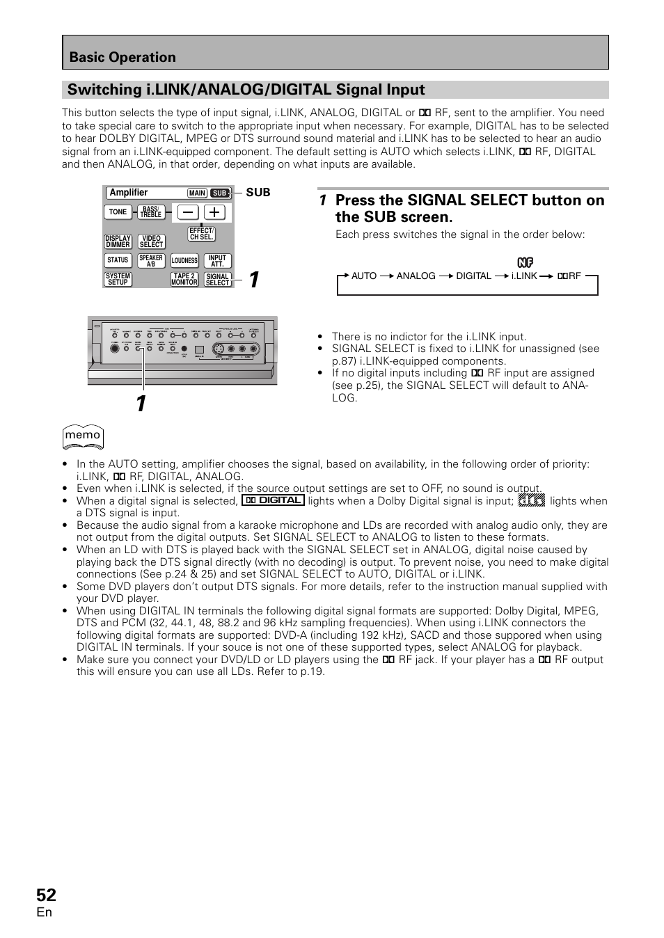 Switching i.link/analog/digital, Signal input, Switching i.link/analog/digital signal input | 1 press the signal select button on the sub screen, Basic operation | Pioneer VSA-AX10 User Manual | Page 52 / 112