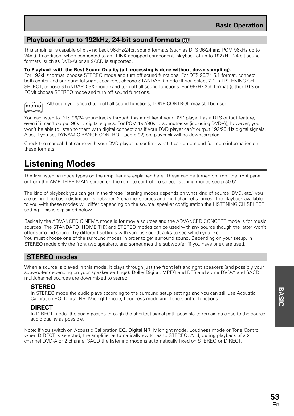 Playback of up to 192khz, 24-bit sound, Formats, Listening modes | Stereo modes | Pioneer VSA-AX10 User Manual | Page 53 / 112