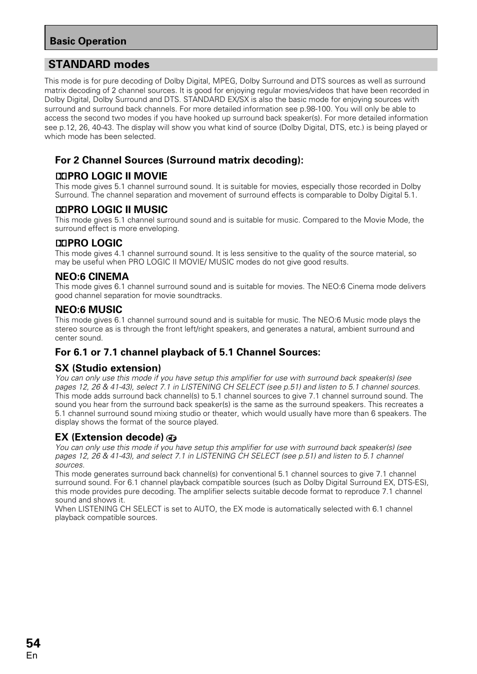 Standard modes | Pioneer VSA-AX10 User Manual | Page 54 / 112