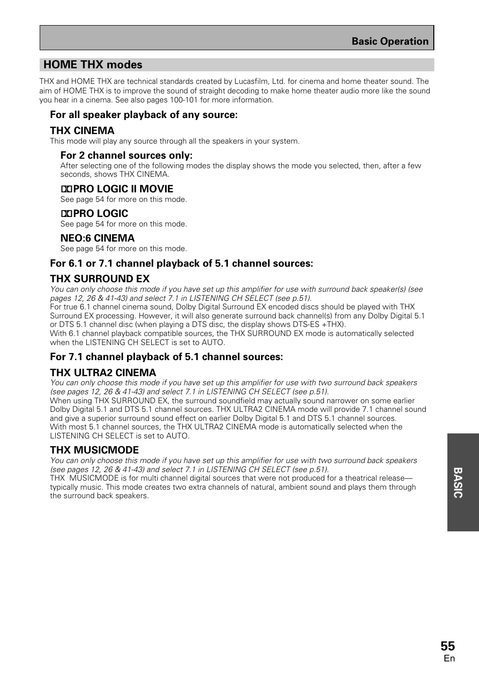 Home thx modes, Basic | Pioneer VSA-AX10 User Manual | Page 55 / 112